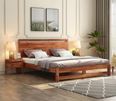 ONIJA Solid Sheesham Wood Queen Size Bed Without Storage Wooden Double Bed Palang Bed for Bedroom Living Room Furniture - HONEY FINISH